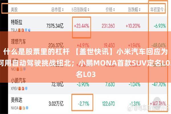 什么是股票里的杠杆 【盖世快讯】小米汽车回应为何用自动驾驶挑战纽北；小鹏MONA首款SUV定名L03